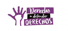logo de la campaña Derecho a Defender Derechos: mano morada abierta